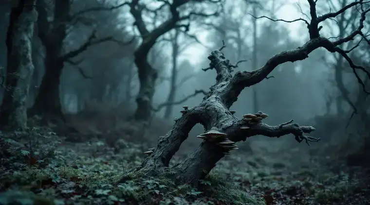 Dangerous and dead trees in Leeds Dead fallen tree with fungus in misty woodland near Leeds