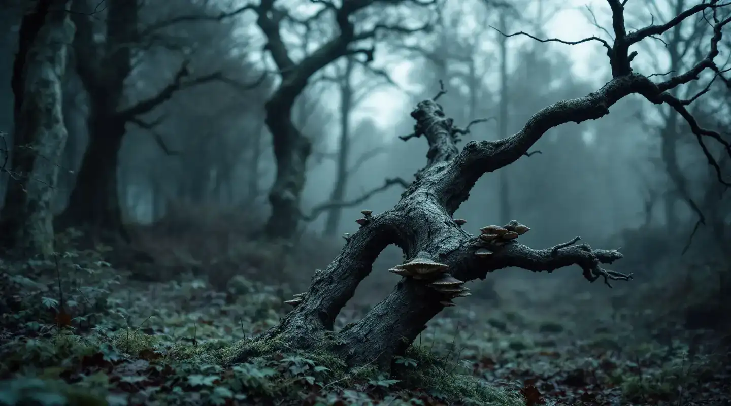 Dead fallen tree with fungus in misty woodland near Leeds