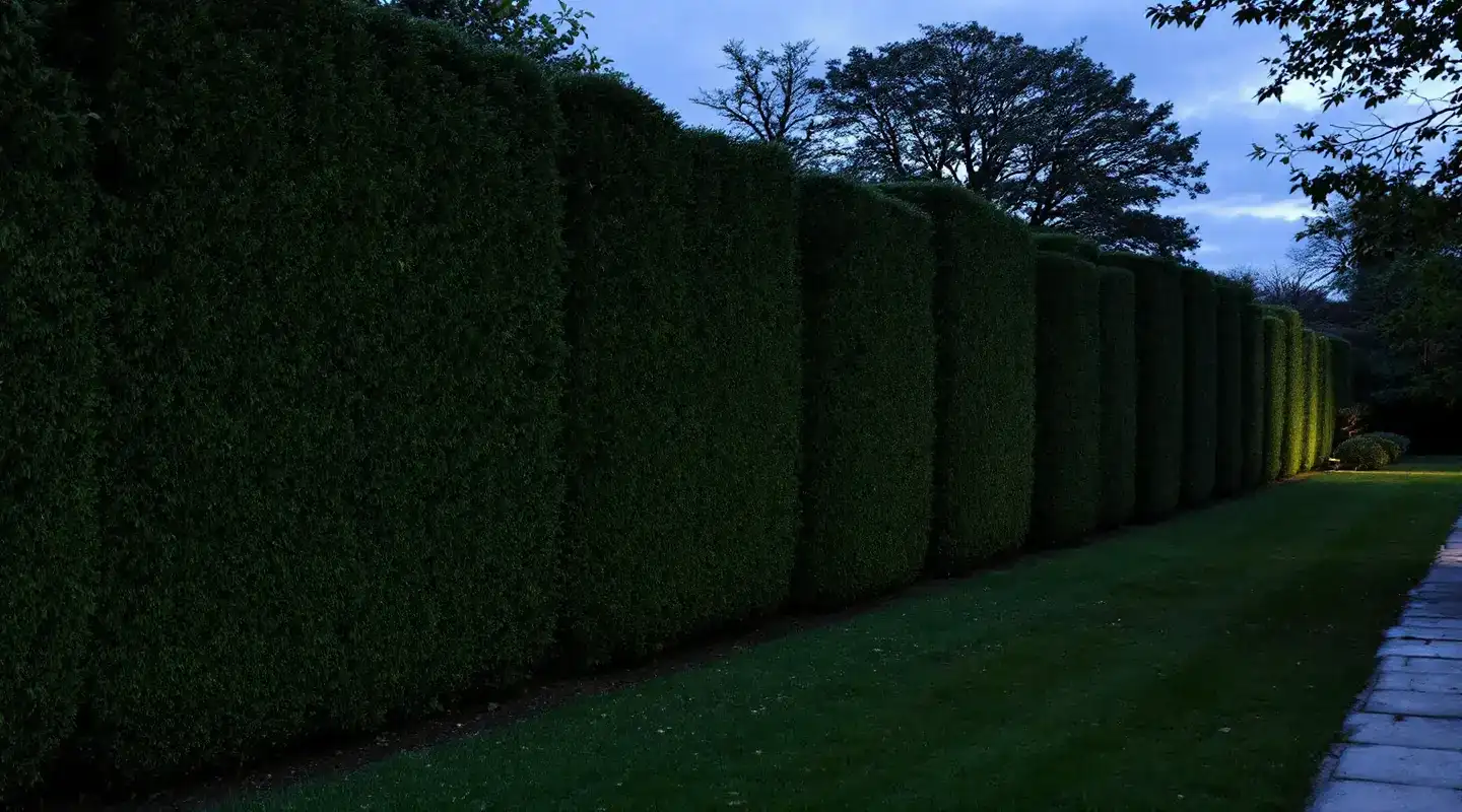 Hedge trimming in Leeds Tall clipped hedge along a garden lawn in Leeds