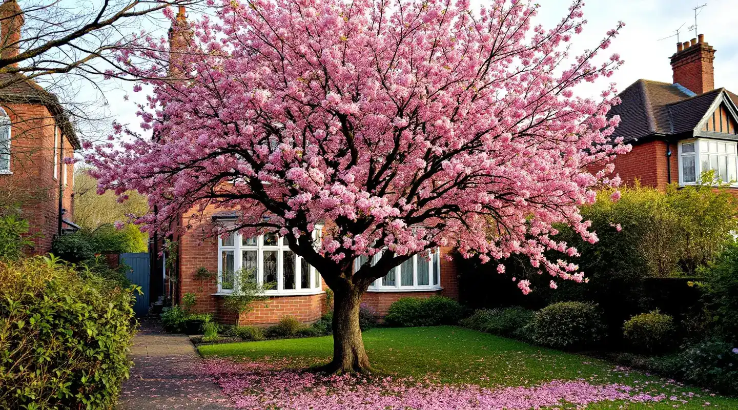 Flowering cherry tree in a semi-detached front garden, typical of Moortown, Leeds LS17