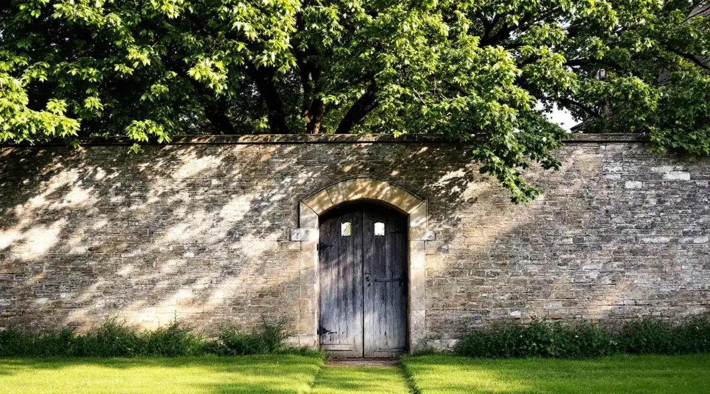 Tree surgeon in Wetherby Mature tree behind an old stone garden wall with an arched door, typical of Wetherby, LS22